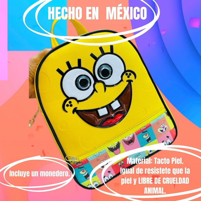 Mochila De Bob Esponja Hecha En México, Tacto Piel, Durabilidad Y Resistencia. Repelente Al Agua.