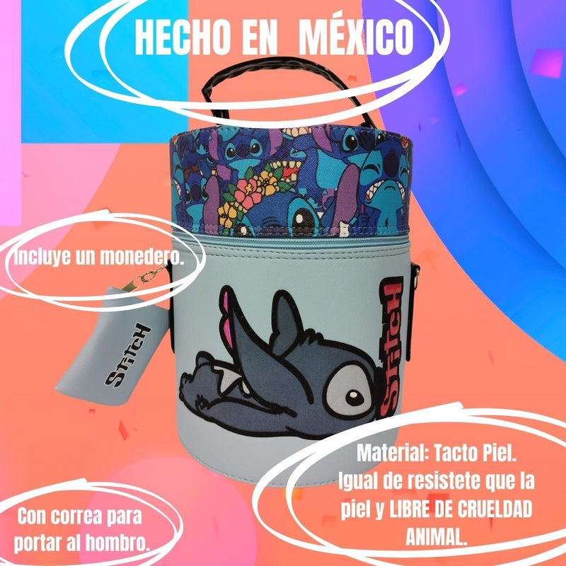 Bolsa De Mano De Stitch En Forma De Cilindro Con Correa Azul Hecha en México.