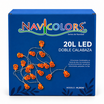 Serie de Halloween doble calabaza naranja, 20 luces LED, 8 Funciones de luz, 20W, 60 Hz, modelo HL26342