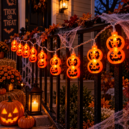 Serie de Halloween doble calabaza naranja, 20 luces LED, 8 Funciones de luz, 20W, 60 Hz, modelo HL26342