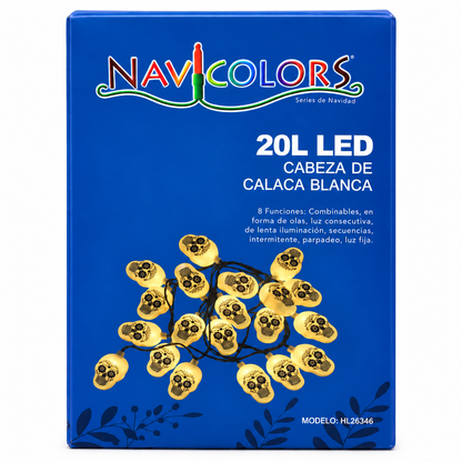Serie de Día de Muertos cabeza de calavera blanca de 8 funciones combinables con 20 luces, 20W, HL26345
