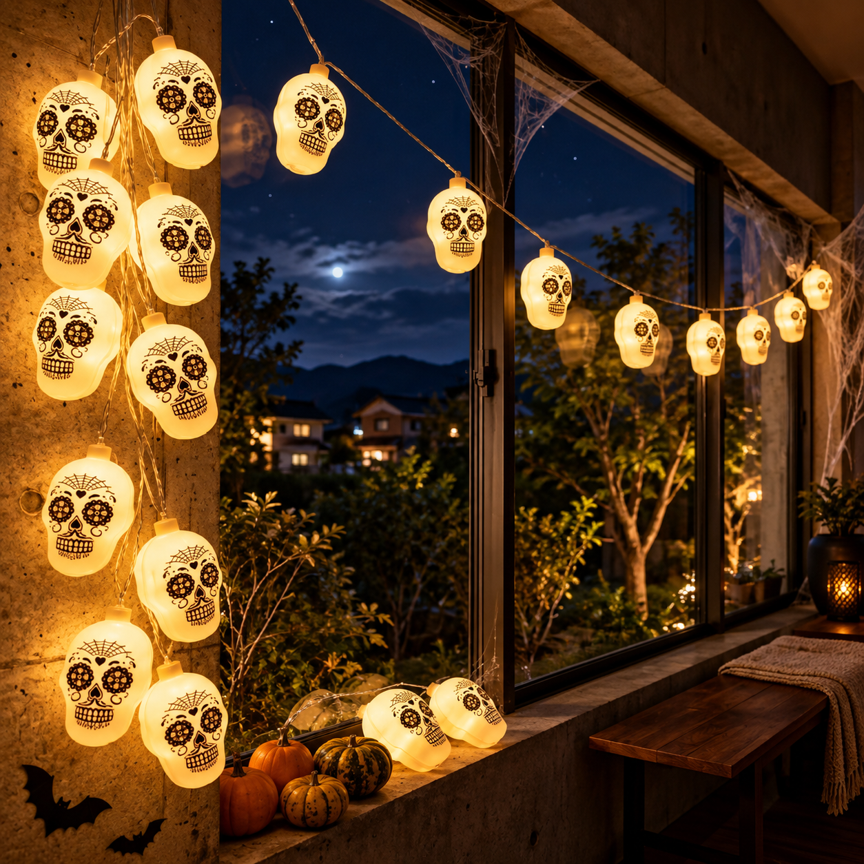 Serie de Día de Muertos cabeza de calavera blanca de 8 funciones combinables con 20 luces, 20W, HL26345