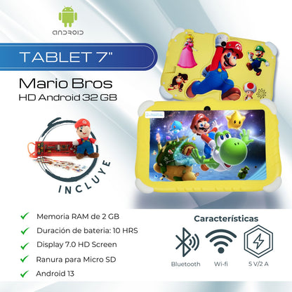 Tablet 7 Pulgadas Mario Bros HD Android 32 GB - 2 GB RAM Amarilla