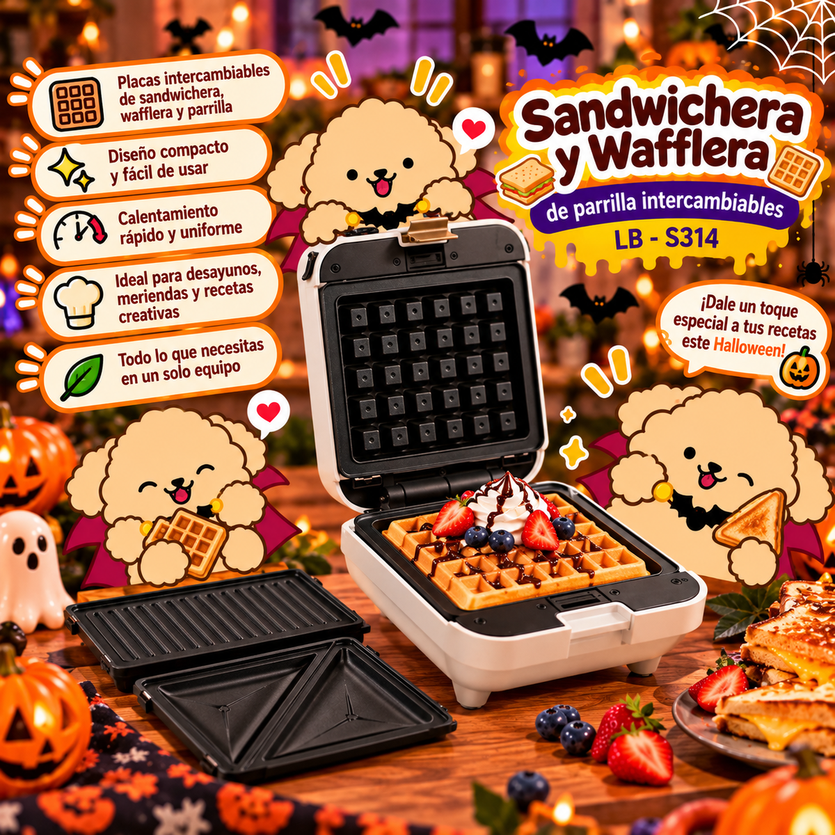Sandwichera y Wafflera LB LB-S314 Parrilla Intercambiable Blanco