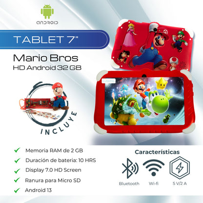 Tablet 7 Pulgadas Eso Quiero Mario Bros HD Android 32 GB - 2 GB RAM Roja