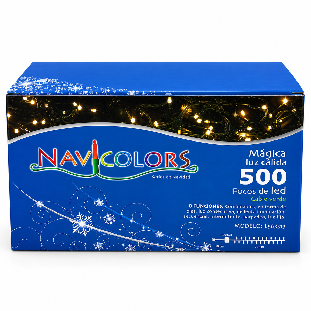 Serie de navidad mágica de luz cálida con 500 leds, cable verde, 8 funciones, 22.5m, 120v, modelo L562313