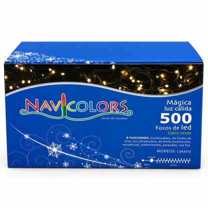 Serie de navidad mágica de luz cálida con 500 leds, cable verde, 8 funciones, 22.5m, 120v, modelo L562313