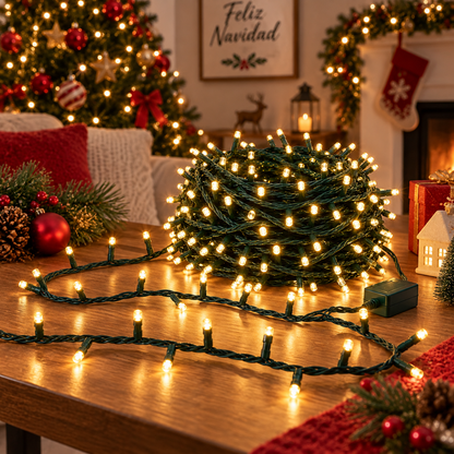 Serie de navidad mágica de luz cálida con 500 leds, cable verde, 8 funciones, 22.5m, 120v, modelo L562313