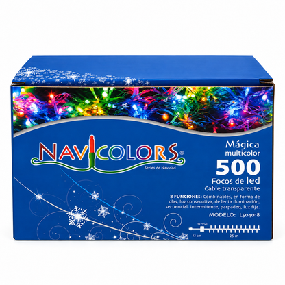 Serie de navidad mágica multicolor 500 leds, cable transparente, 8 funciones, 22.5m, 20W, 60 Hz, Modelo L564018