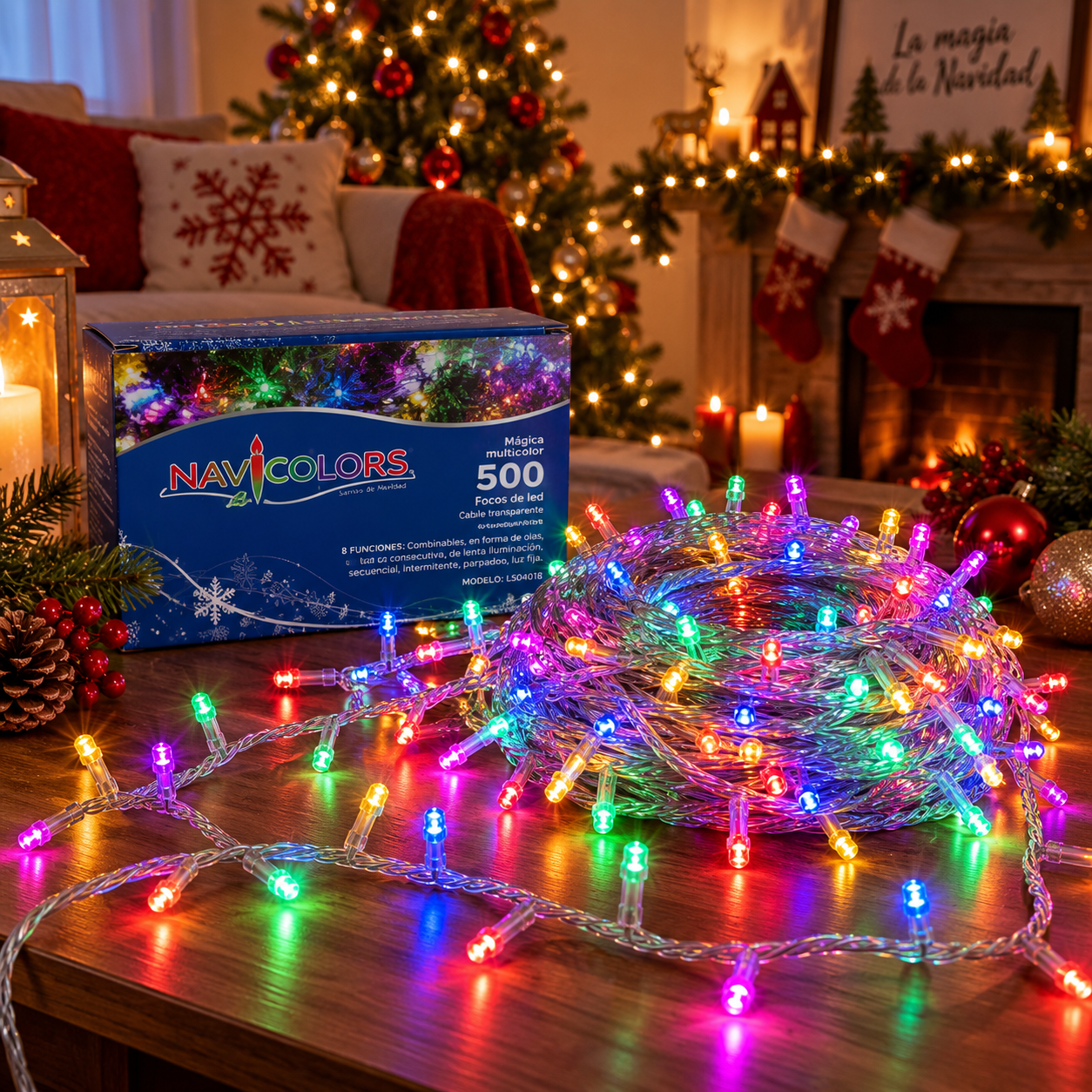 Serie de navidad mágica multicolor 500 leds, cable transparente, 8 funciones, 22.5m, 20W, 60 Hz, Modelo L564018