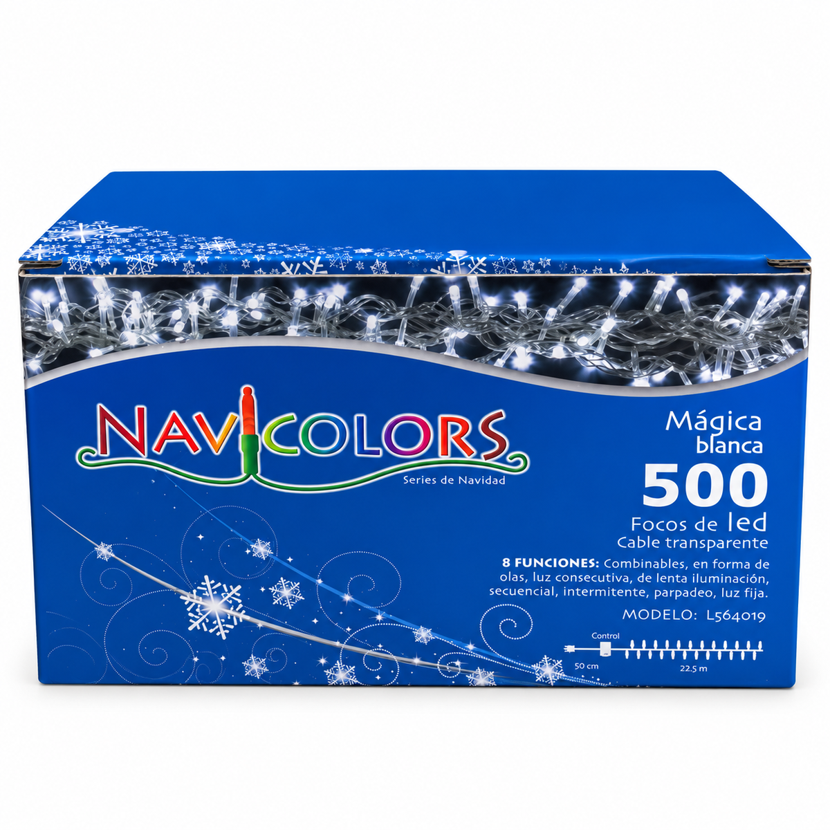 Serie de navidad mágica de luz blanca con 500 leds, cable transparente, 8 funciones, 22.5m, 120v, modelo L564019