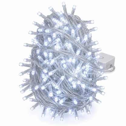 Serie de navidad mágica de luz blanca con 500 leds, cable transparente, 8 funciones, 22.5m, 120v, modelo L564019