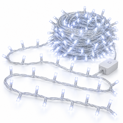 Serie de navidad mágica de luz blanca con 500 leds, cable transparente, 8 funciones, 22.5m, 120v, modelo L564019