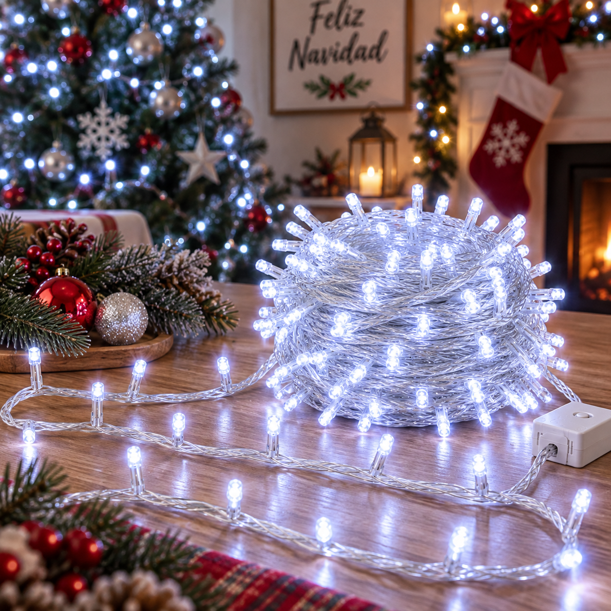 Serie de navidad mágica de luz blanca con 500 leds, cable transparente, 8 funciones, 22.5m, 120v, modelo L564019