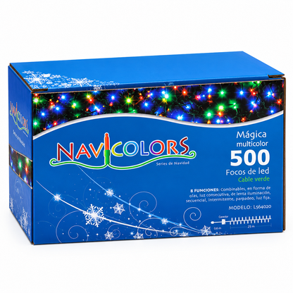 Serie de navidad mágica multicolor 500 leds, cable verde, 8 funciones, 22.5m, 120v, modelo L564020