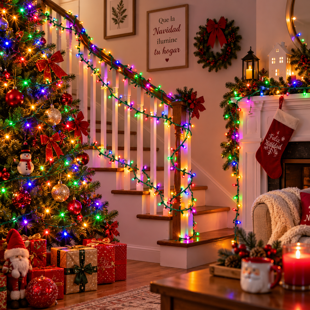 Serie de navidad mágica multicolor 500 leds, cable verde, 8 funciones, 22.5m, 120v, modelo L564020