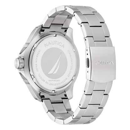 Reloj Nautica Cab Koh May Bay 3 Manecillas Caratula Negro y Brazalete Plata Caja 46 mm NAPKMS301