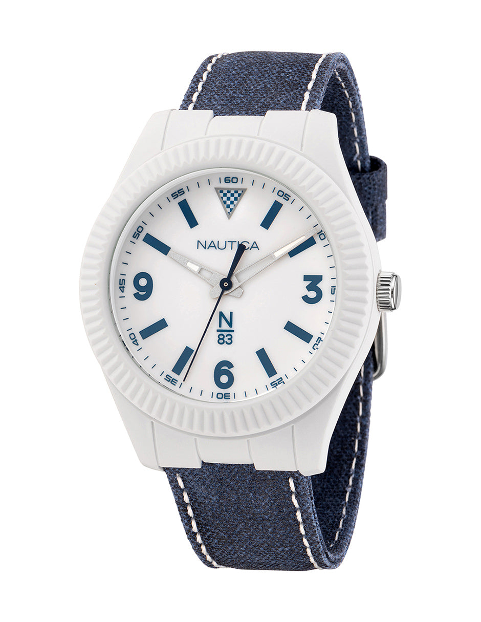 Reloj Nautica N83 Cab Mercury Bay 3 Manecillas Caratula Blanca y Brazalete Azul  Caja 41 mm NAPMBF203