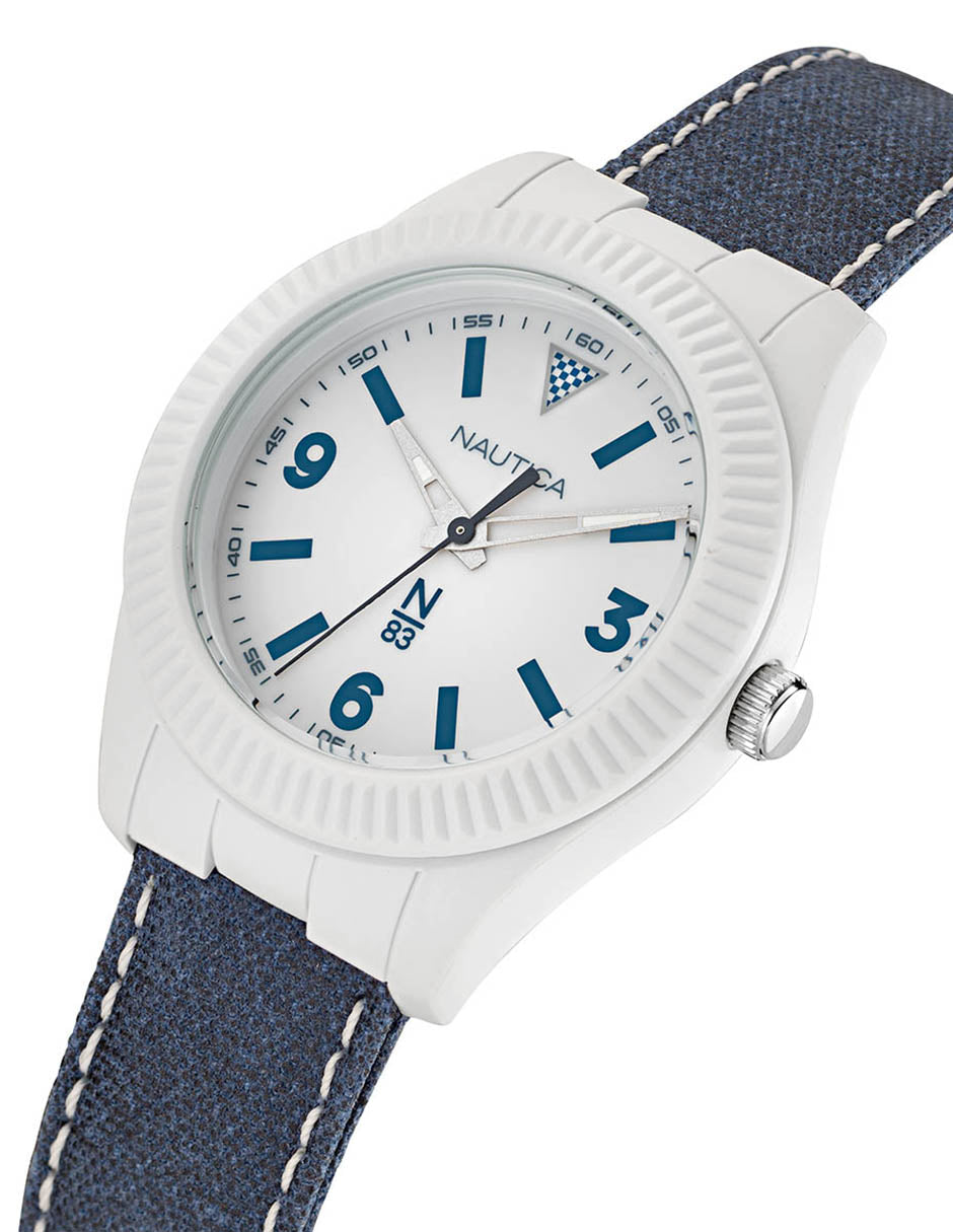Reloj Nautica N83 Cab Mercury Bay 3 Manecillas Caratula Blanca y Brazalete Azul  Caja 41 mm NAPMBF203
