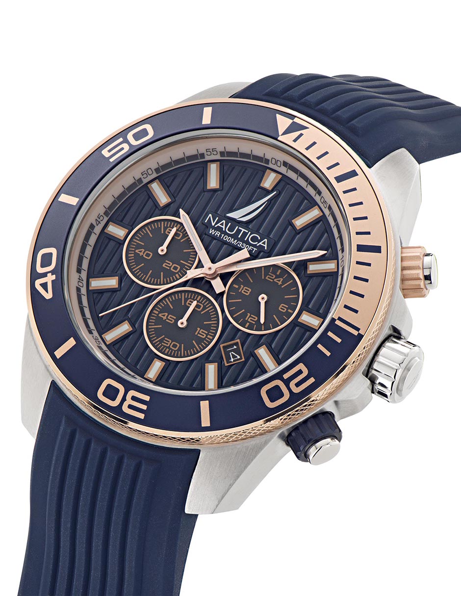 Reloj Nautica Cab One Chrono Caratula Azul Oro Rosa Correa Azul Caja 48mm NAPNOF304