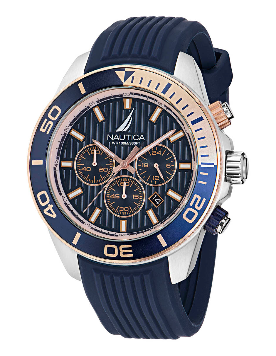 Reloj Nautica Cab One Chrono Caratula Azul Oro Rosa Correa Azul Caja 48mm NAPNOF304