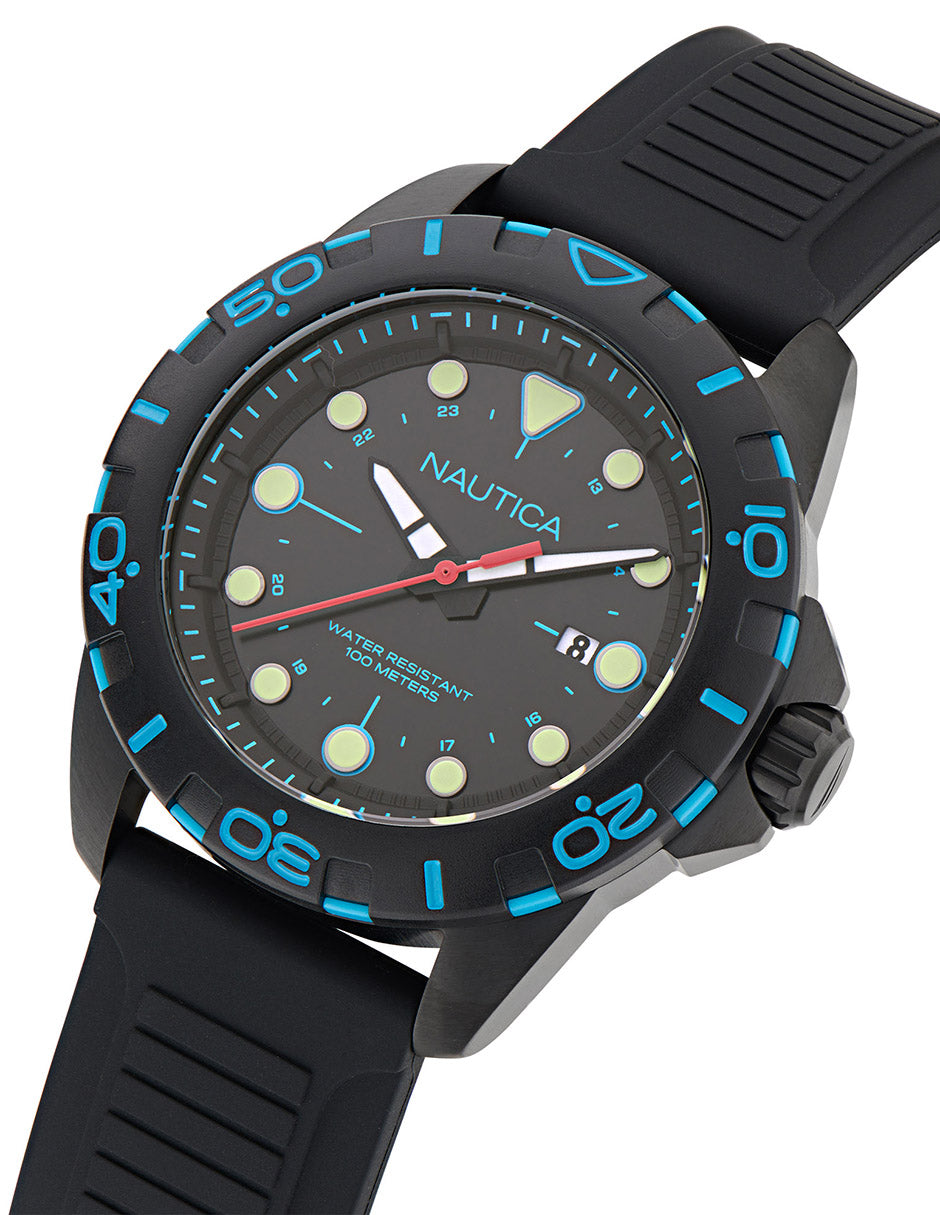 Reloj Nautica Cab Nsr Color 3 Hands Caratula Negra y Correa Negra Caja 44mm