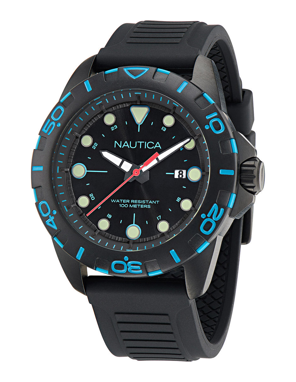 Reloj Nautica Cab Nsr Color 3 Hands Caratula Negra y Correa Negra Caja 44mm