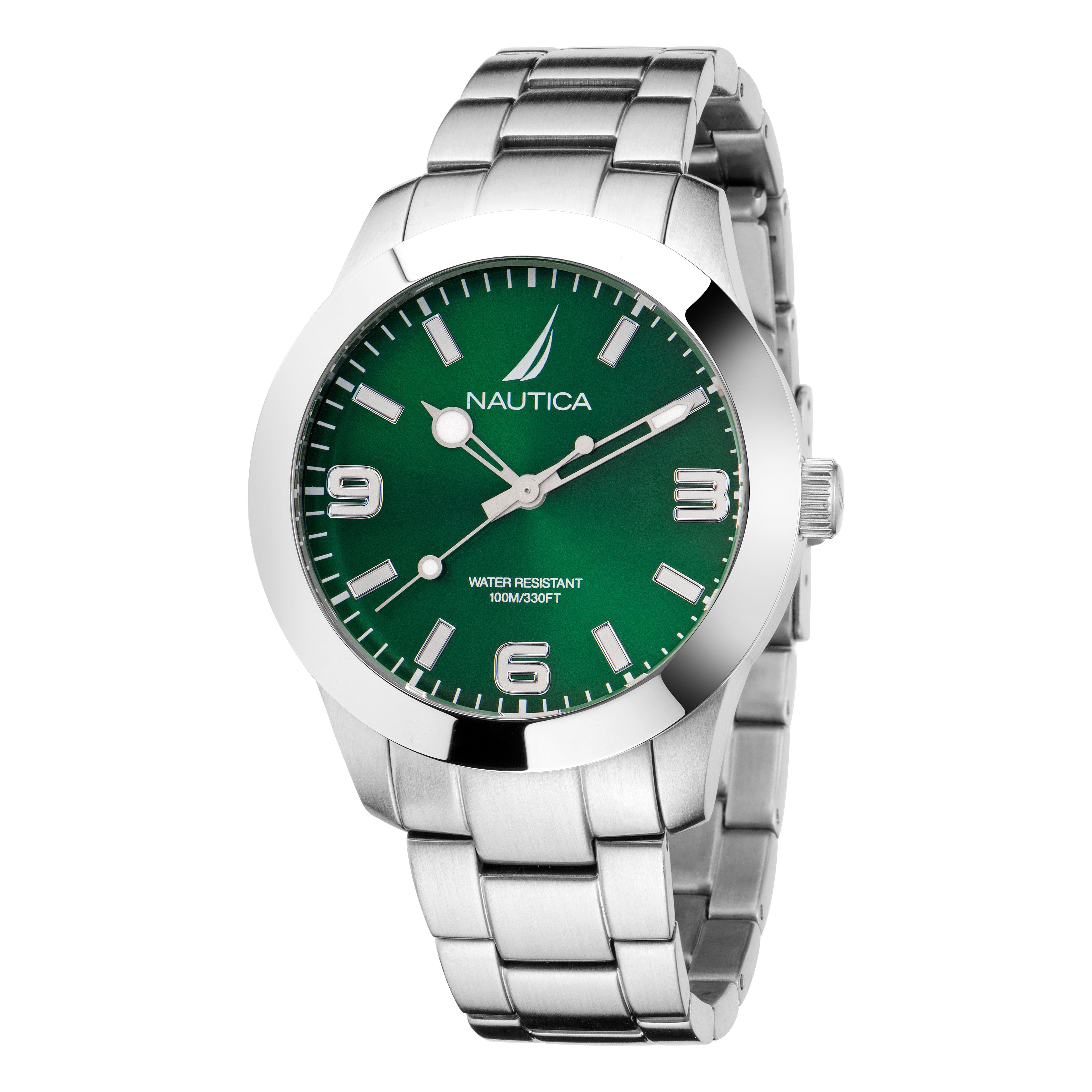 Reloj Nautica Pacific Beach 3 Hands Caratula Verde y Brazalete Plata Caja 41q.5 mm NAPPBF204