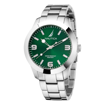 Reloj Nautica Pacific Beach 3 Hands Caratula Verde y Brazalete Plata Caja 41q.5 mm NAPPBF204
