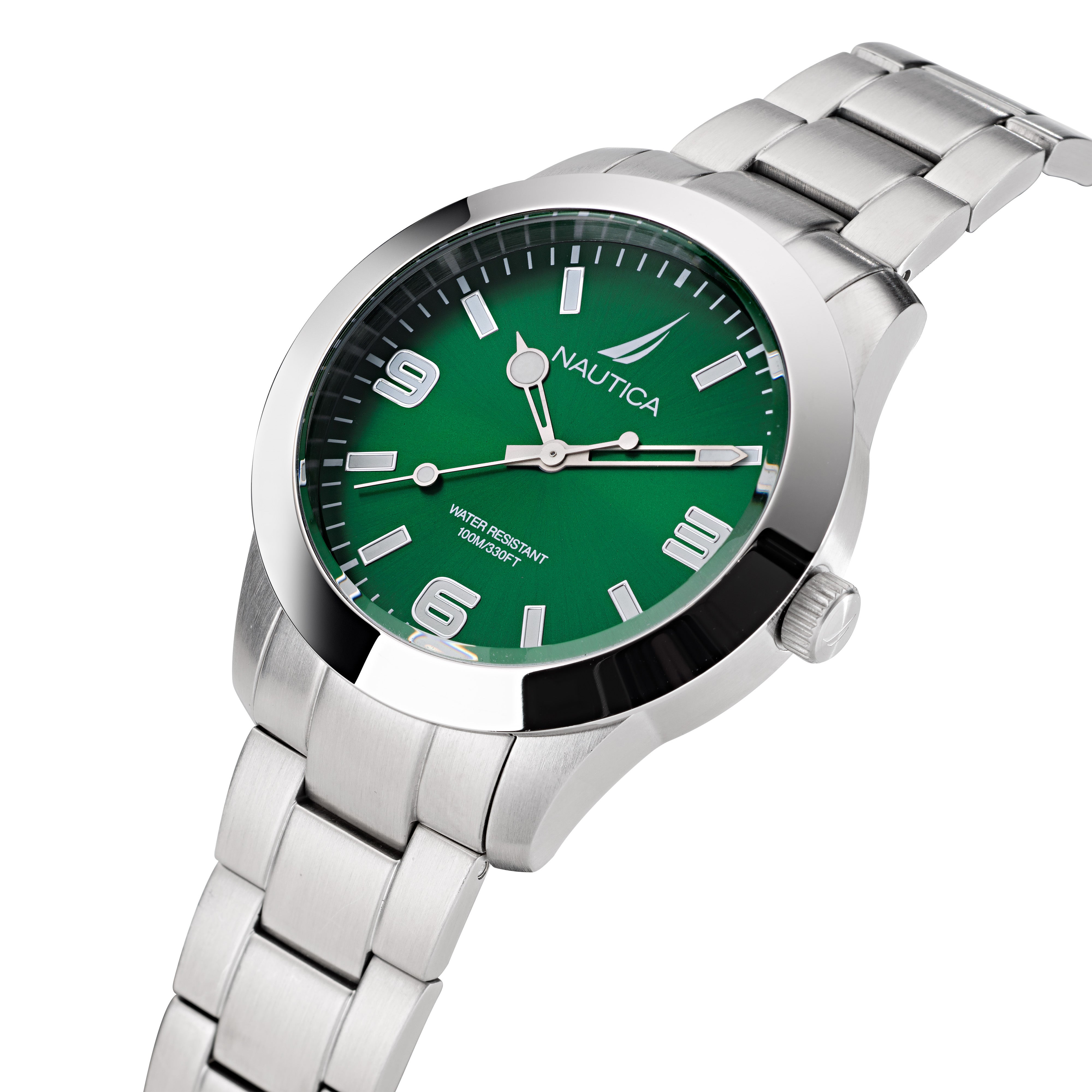 Reloj Nautica Pacific Beach 3 Hands Caratula Verde y Brazalete Plata Caja 41q.5 mm NAPPBF204