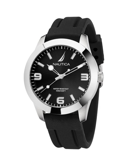 Reloj Nautica Box Set Pacific Beach 3 Hands Caratula Negra y Brazalete Plata Caja 41.5 mm NAPPBF205