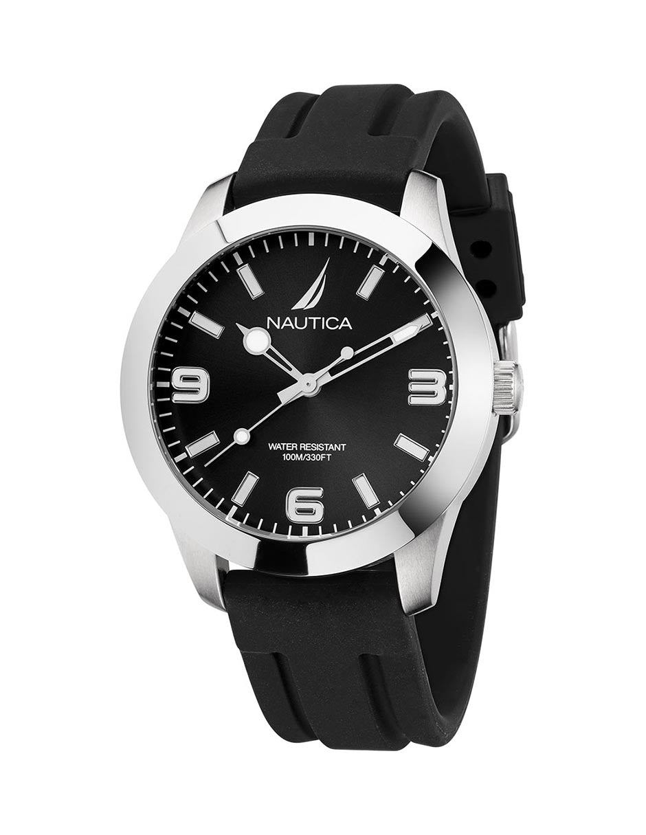 Reloj Nautica Box Set Pacific Beach 3 Hands Caratula Negra y Brazalete Plata Caja 41.5 mm NAPPBF205
