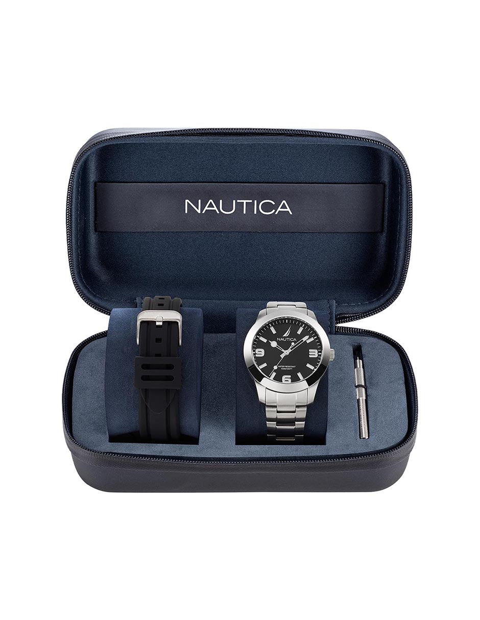 Reloj Nautica Box Set Pacific Beach 3 Hands Caratula Negra y Brazalete Plata Caja 41.5 mm NAPPBF205