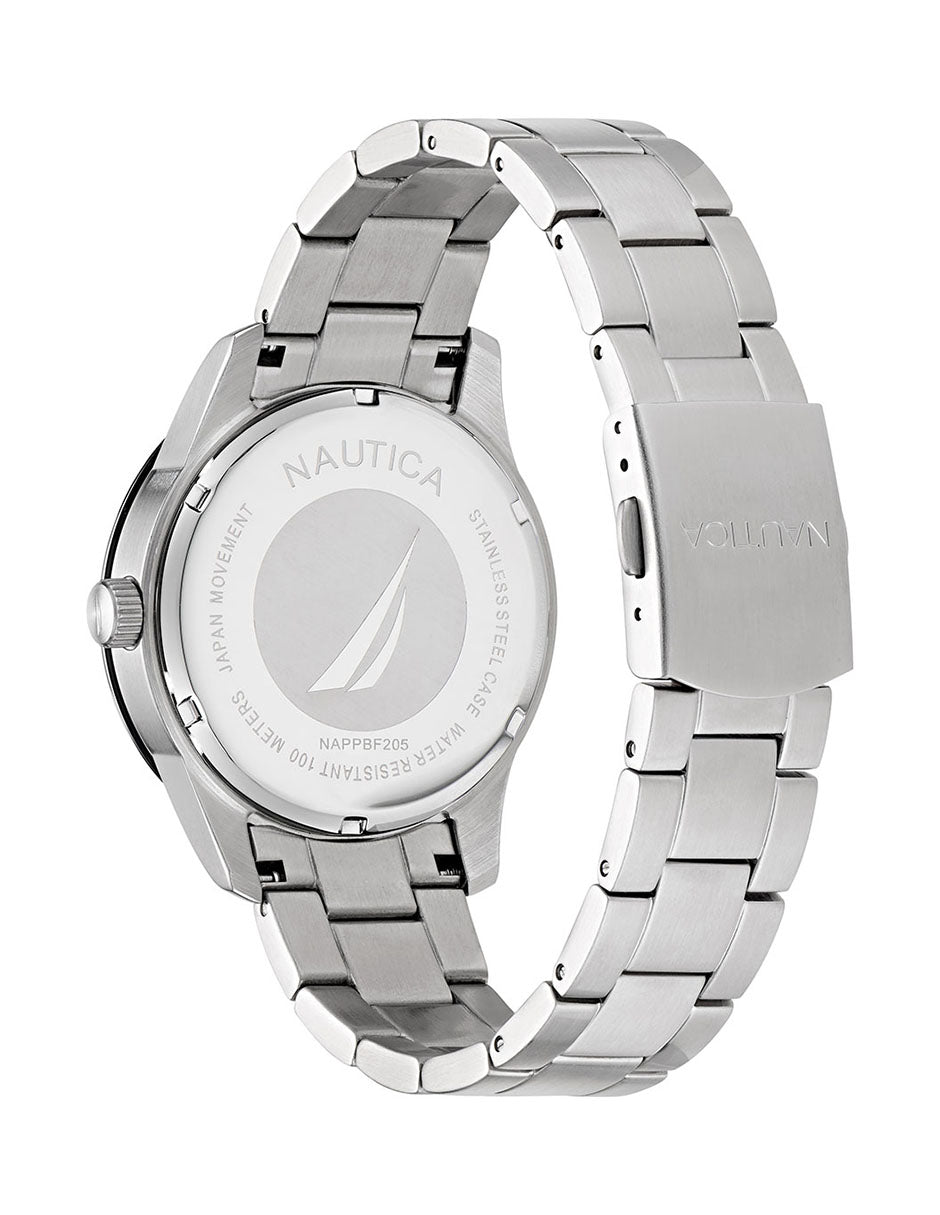 Reloj Nautica Box Set Pacific Beach 3 Hands Caratula Negra y Brazalete Plata Caja 41.5 mm NAPPBF205