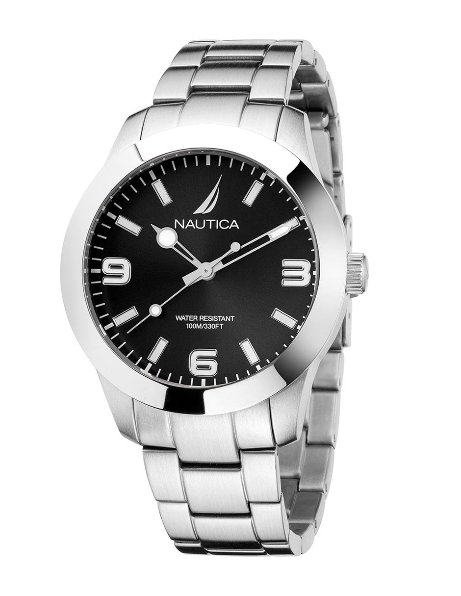 Reloj Nautica Box Set Pacific Beach 3 Hands Caratula Negra y Brazalete Plata Caja 41.5 mm NAPPBF205