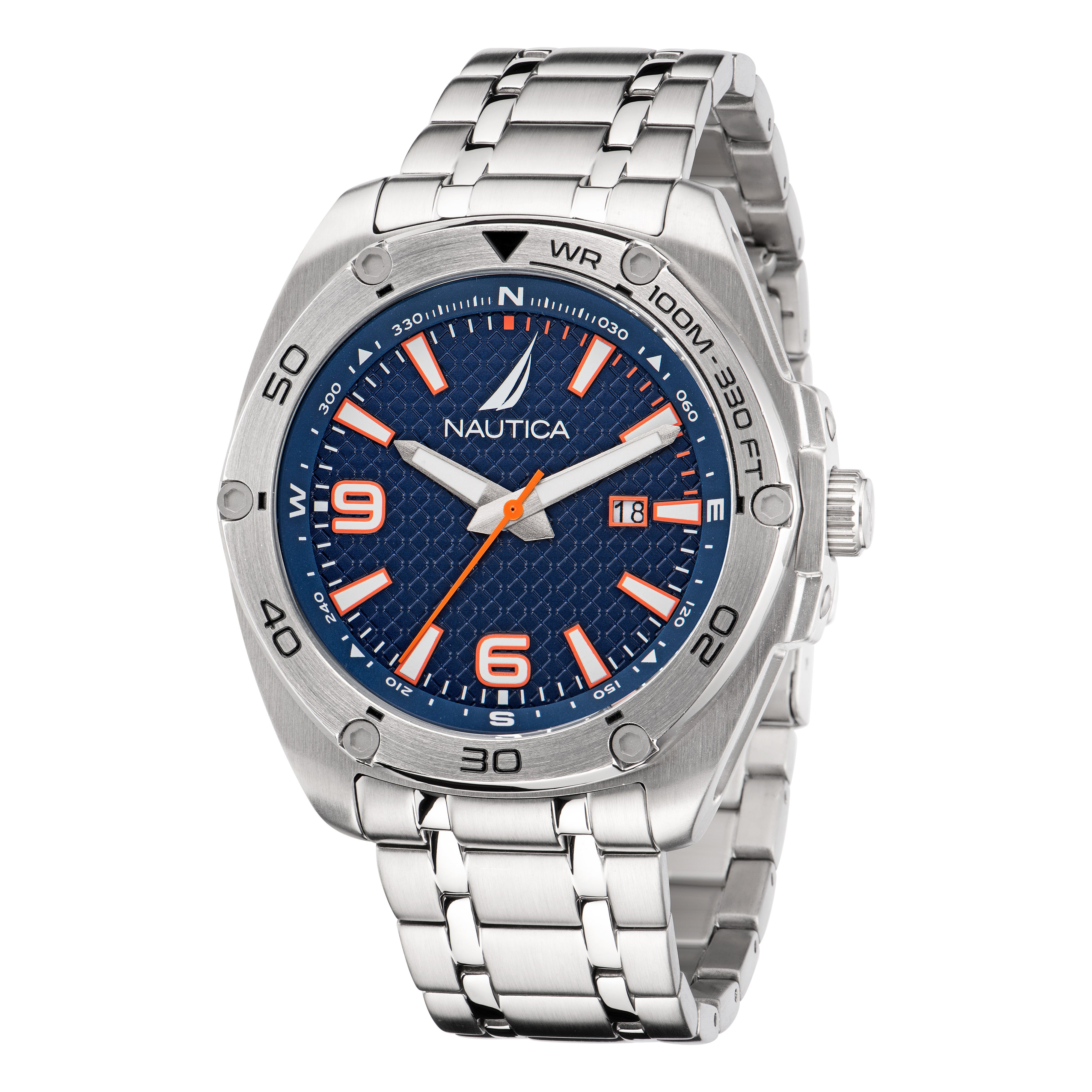 Reloj Nautica Tin Can Bay 3 Hands Fechador Caratula Azul y Brazalete Plata Caja 43 mm NAPTCF203