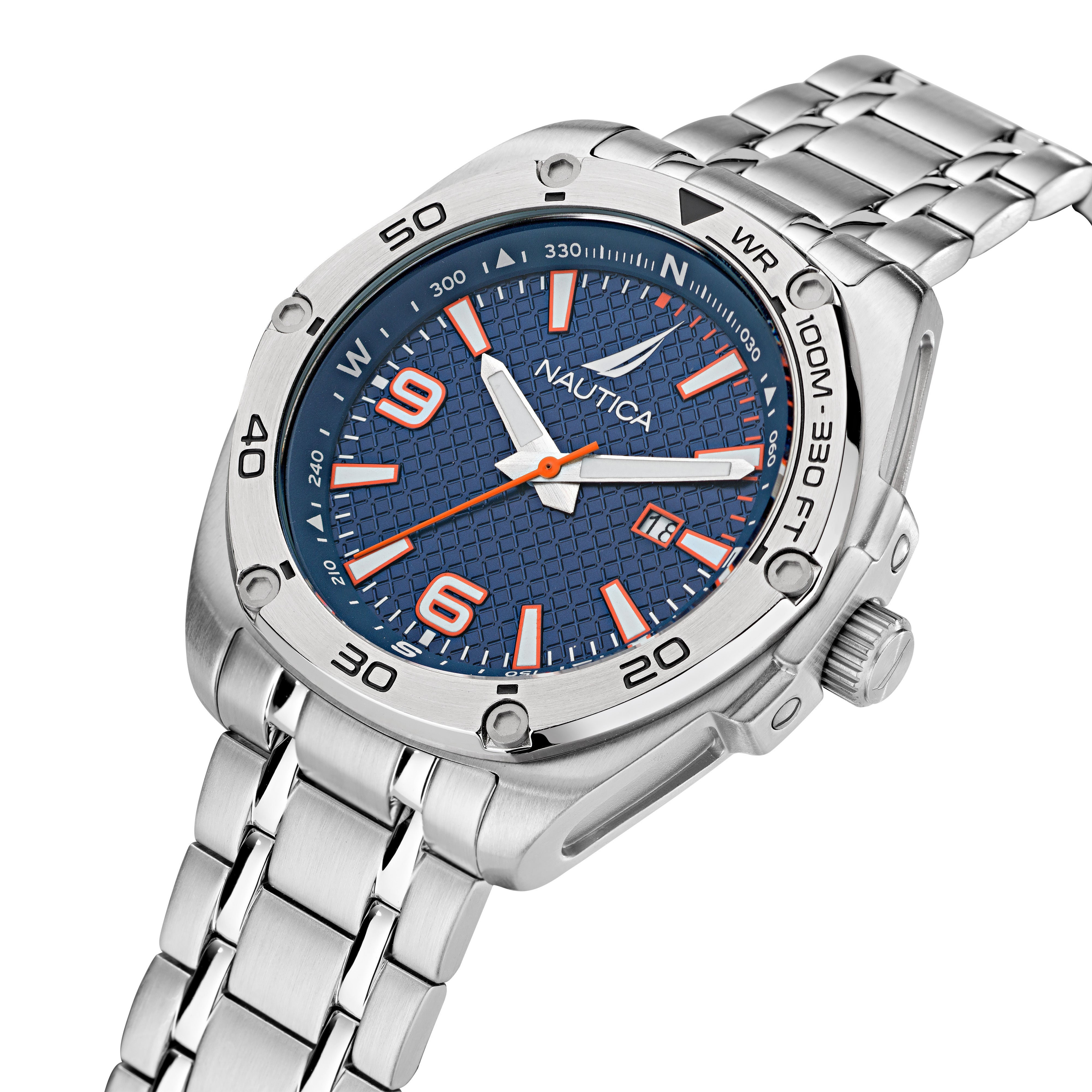 Reloj Nautica Tin Can Bay 3 Hands Fechador Caratula Azul y Brazalete Plata Caja 43 mm NAPTCF203