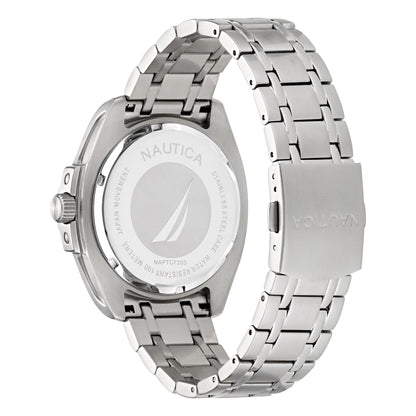 Reloj Nautica Tin Can Bay 3 Hands Fechador Caratula Azul y Brazalete Plata Caja 43 mm NAPTCF203
