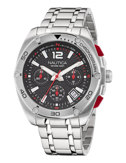 Reloj Nautica Tin Can Bay Chrono Caratula Negra y Brazalete Plata Caja 43 mm NAPTCF206