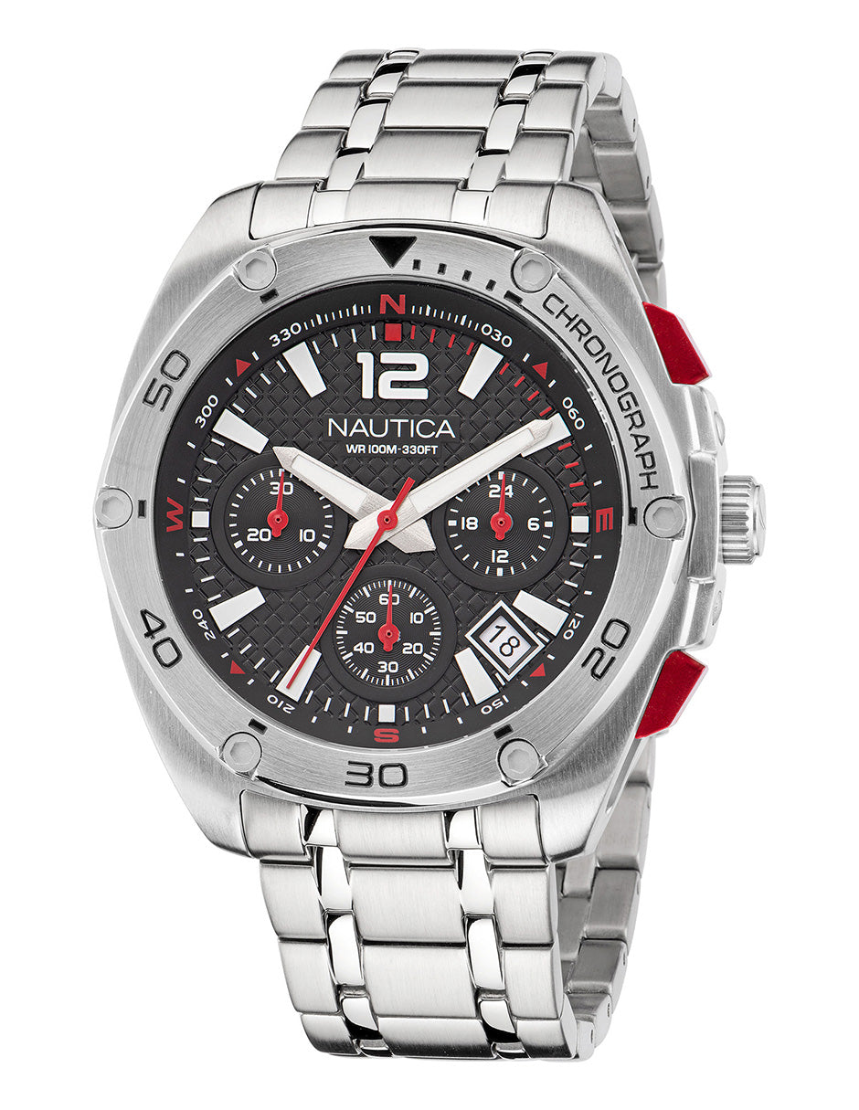 Reloj Nautica Tin Can Bay Chrono Caratula Negra y Brazalete Plata Caja 43 mm NAPTCF206
