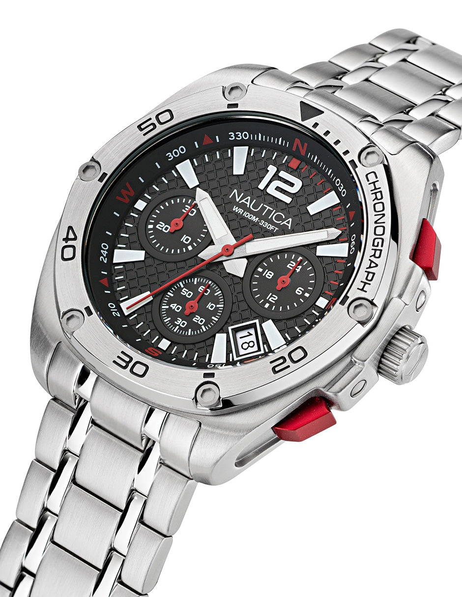 Reloj Nautica Tin Can Bay Chrono Caratula Negra y Brazalete Plata Caja 43 mm NAPTCF206