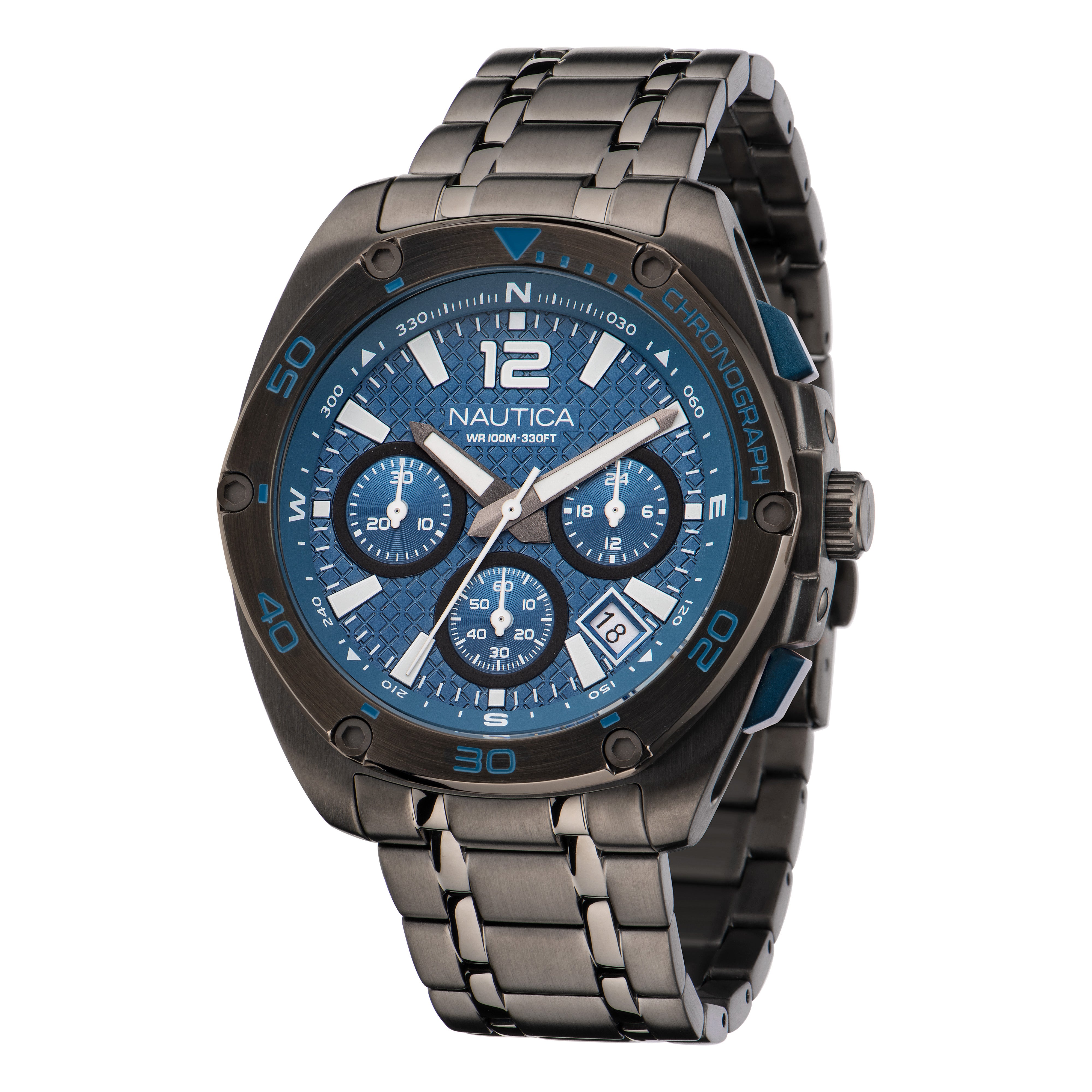 Reloj Nautica Tin Can Bay Chrono Caratula Azul y Brazalete Gun Metal Caja 43 mm NAPTCF211