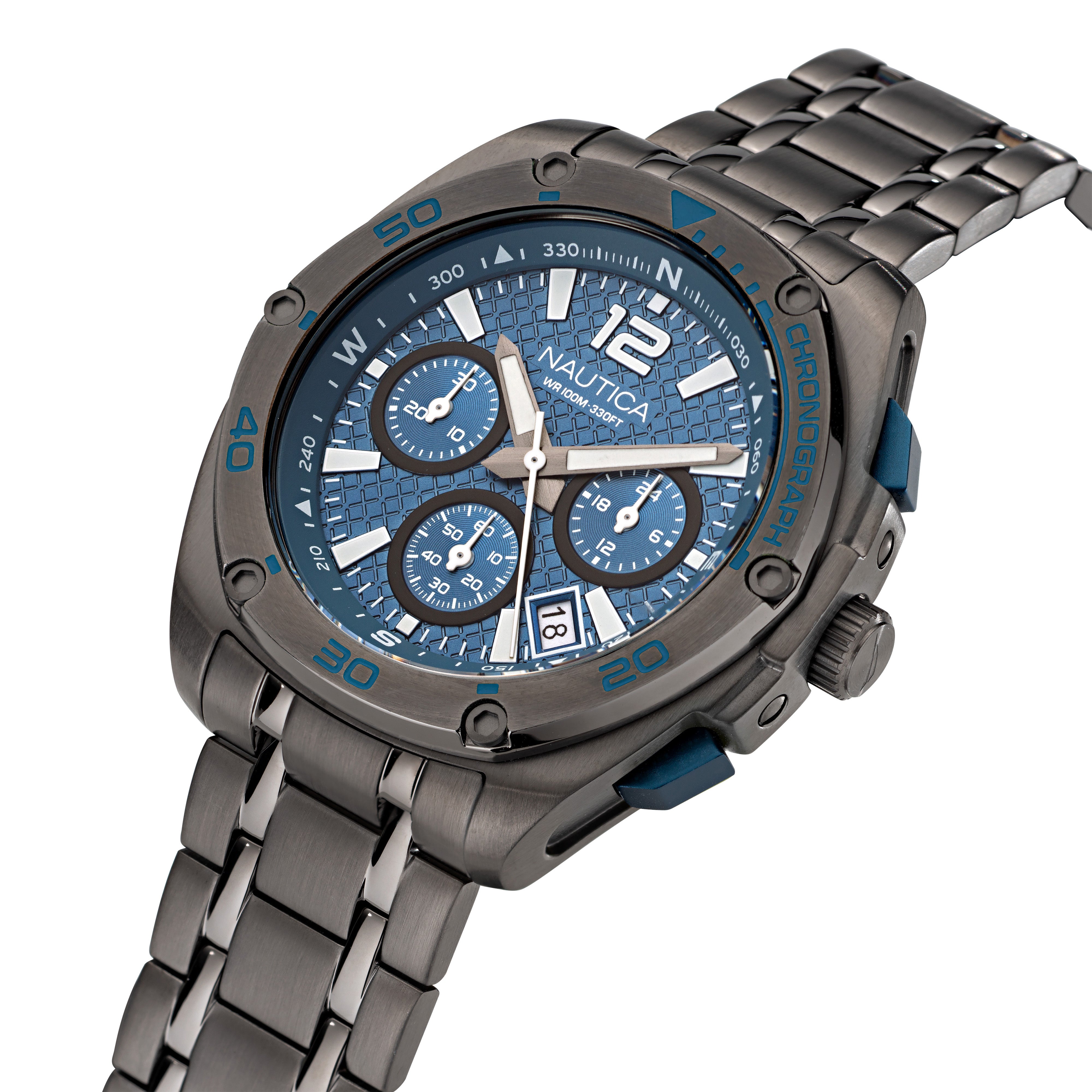 Reloj Nautica Tin Can Bay Chrono Caratula Azul y Brazalete Gun Metal Caja 43 mm NAPTCF211