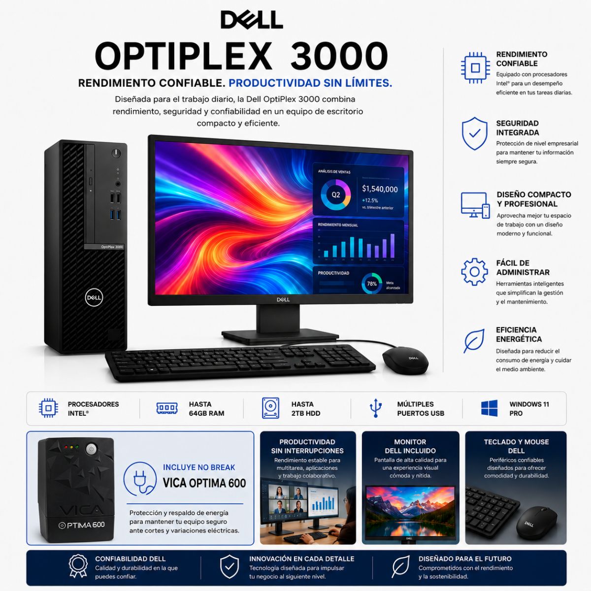 Combo Computadora de Escritorio Dell OptiPlex 3000 12a Generación + No Break VICA Optima 600 de 6 entradas