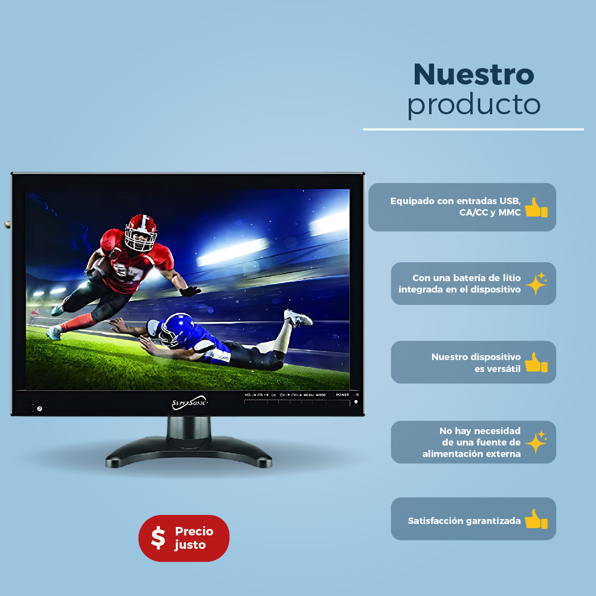 TV Portatil 14 Pulgadas Supersonic SC-2814 LED HDMI Radio FM USB Recargable