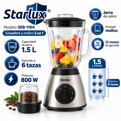 Licuadora 2 en 1 Starlux SEB-1104 1.5 Litros Acero inoxidable 800W
