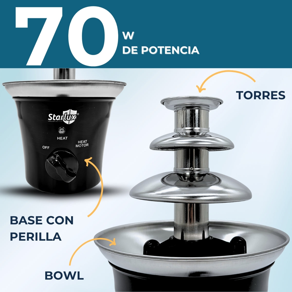 Fuente de chocolate  Starlux, 3 capas, acero inoxidable, 280g, desmontable, 70w SL-23015
