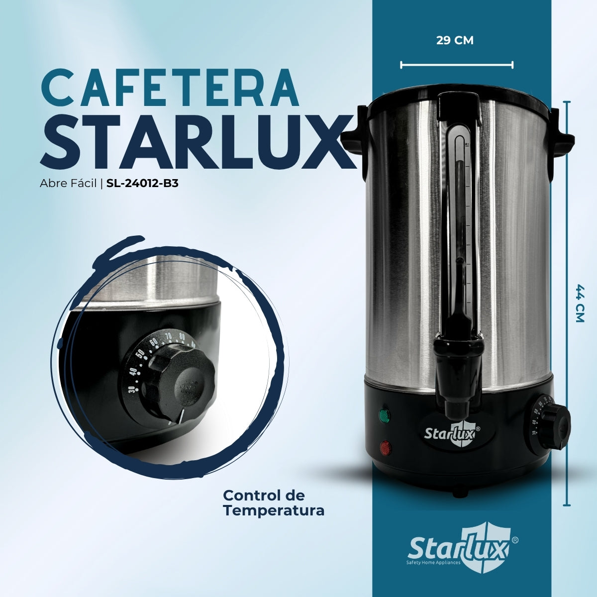 Cafetera percoladora eléctrica Starlux 8L acero inoxidable 1500W control de temperatura, apagado automático, protección de sobre calentamiento SL-24008-B3