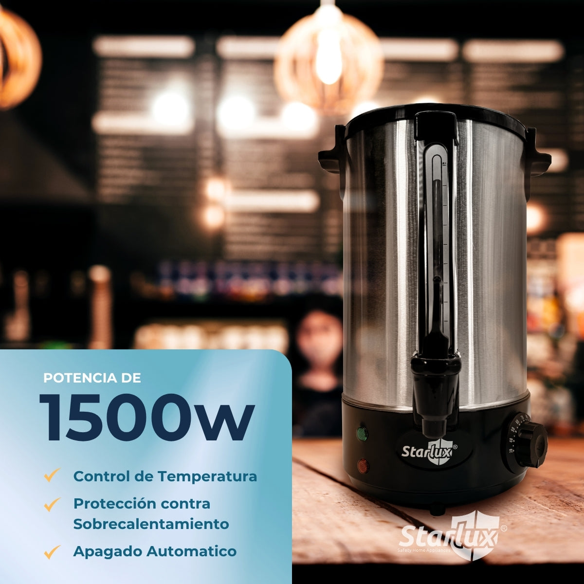 Cafetera percoladora eléctrica Starlux 8L acero inoxidable 1500W control de temperatura, apagado automático, protección de sobre calentamiento SL-24008-B3
