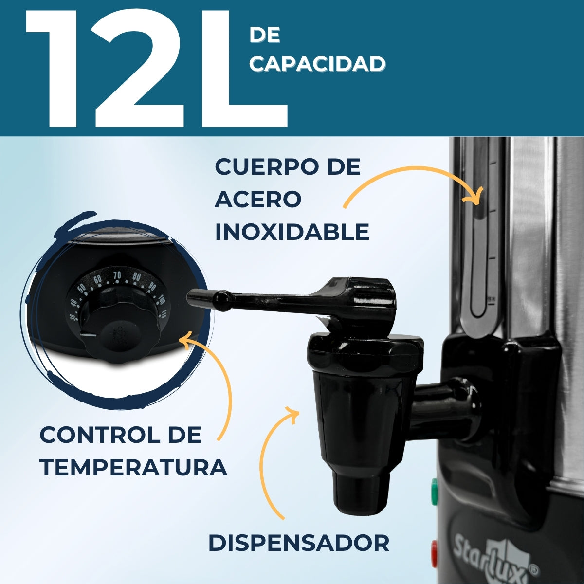 Cáfetera percoladora eléctrico de 12L 1500W con despachador manual de acero inoxidable, control de temperatura y apagado automático SL-24012-B3.